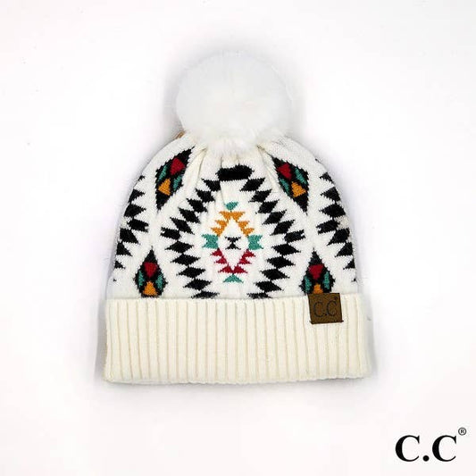 Whiskey & Lace Outfitters - Western Aztec CC Beanie Cream/White